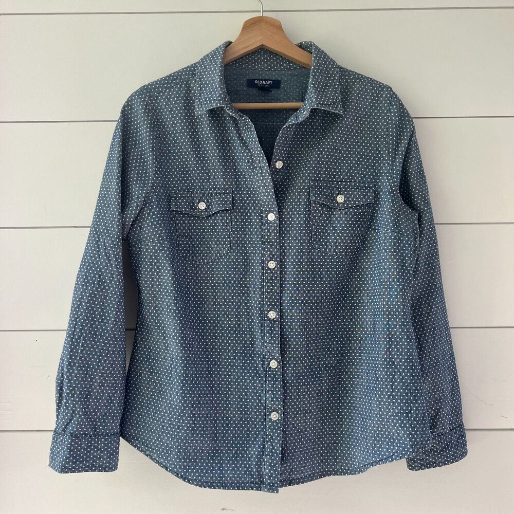 Chambray White Polka Dot Button Down Shirt 100% Cotton Women's Medium